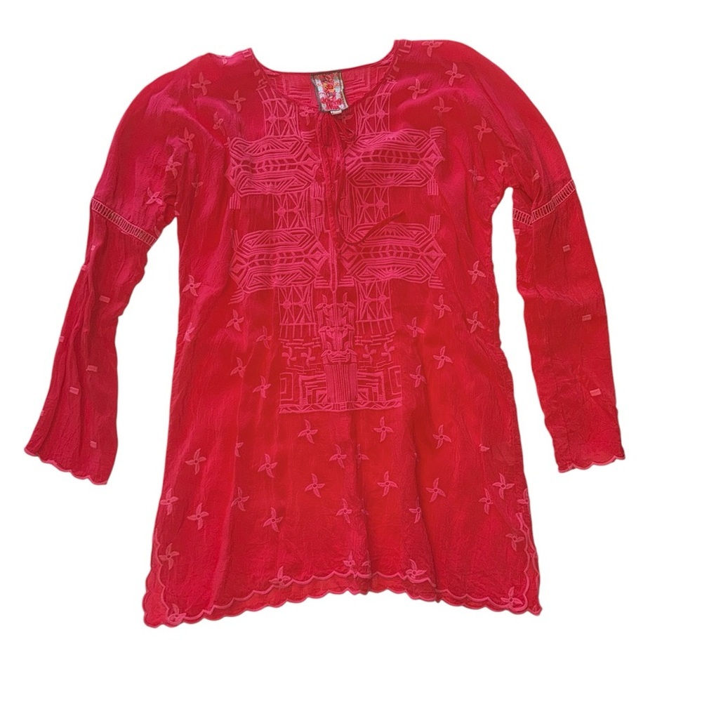 Johnny Was Silk Tunic XS Red Embroidered Boho Sheer Festival Top Orig $250